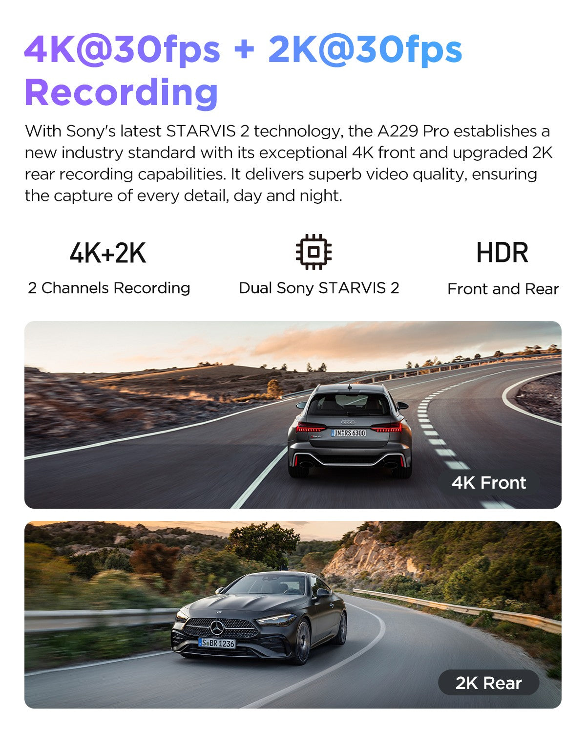 VIOFO A229 Pro 2CH Front and Rear 4K+2K HDR Dual Dash Cam with Sony STARVIS 2 Sensors Super Night Vision Voice Control