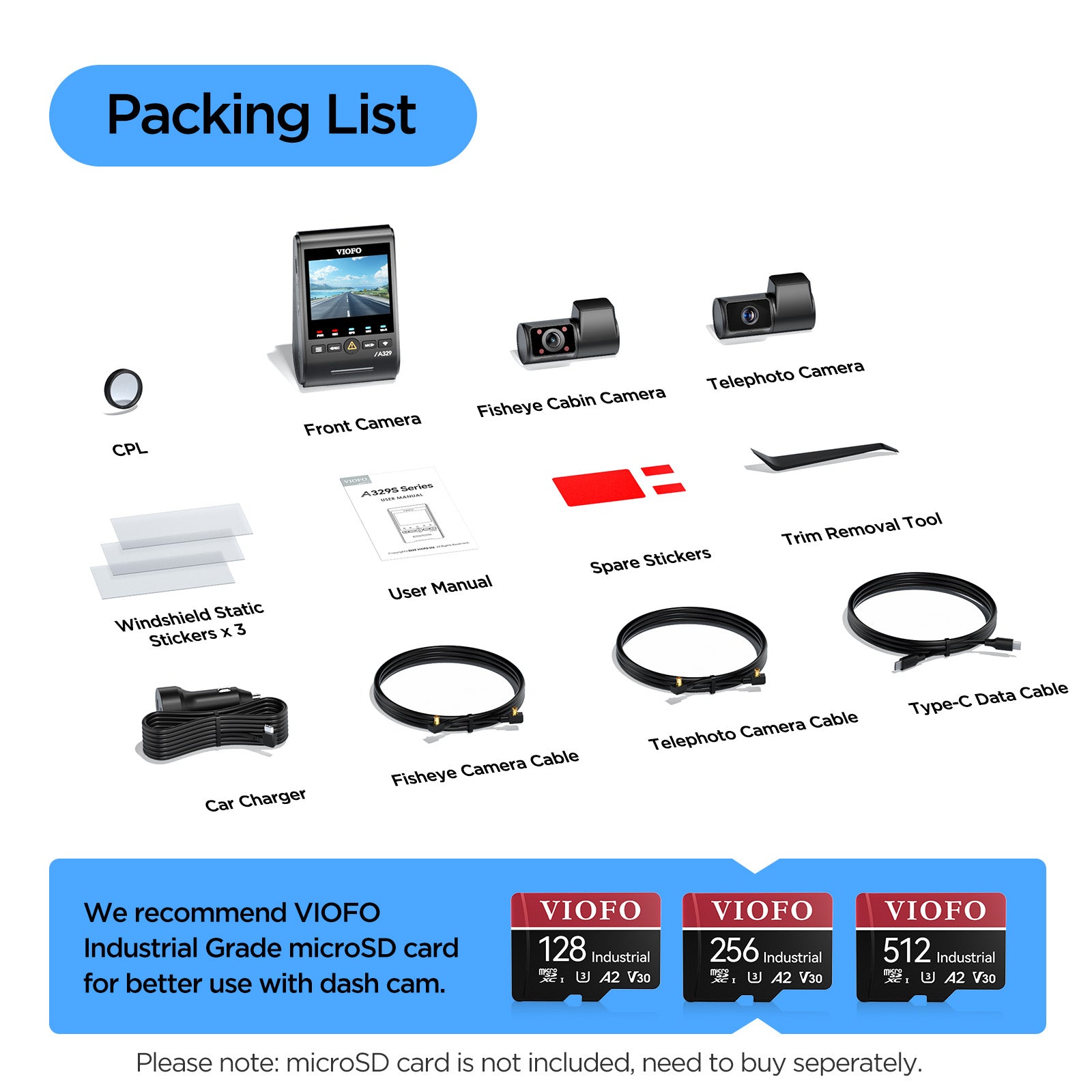 VIOFO A329TC 3CH 4K 30FPS Front+2K Telephoto+2K Fisheye Cabin Dashcam with Sony STARVIS 2 Sensor, 210° Ultra-Wide Angle Infrared Interior HDR Super Night Vision, 4x Optical Zoom Telephoto Capture Farther