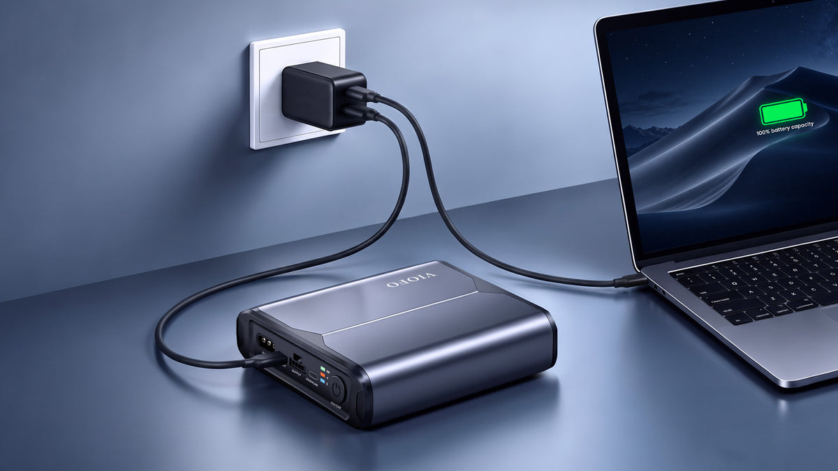 BP60 charging from a USB-C wall adapter on a side table