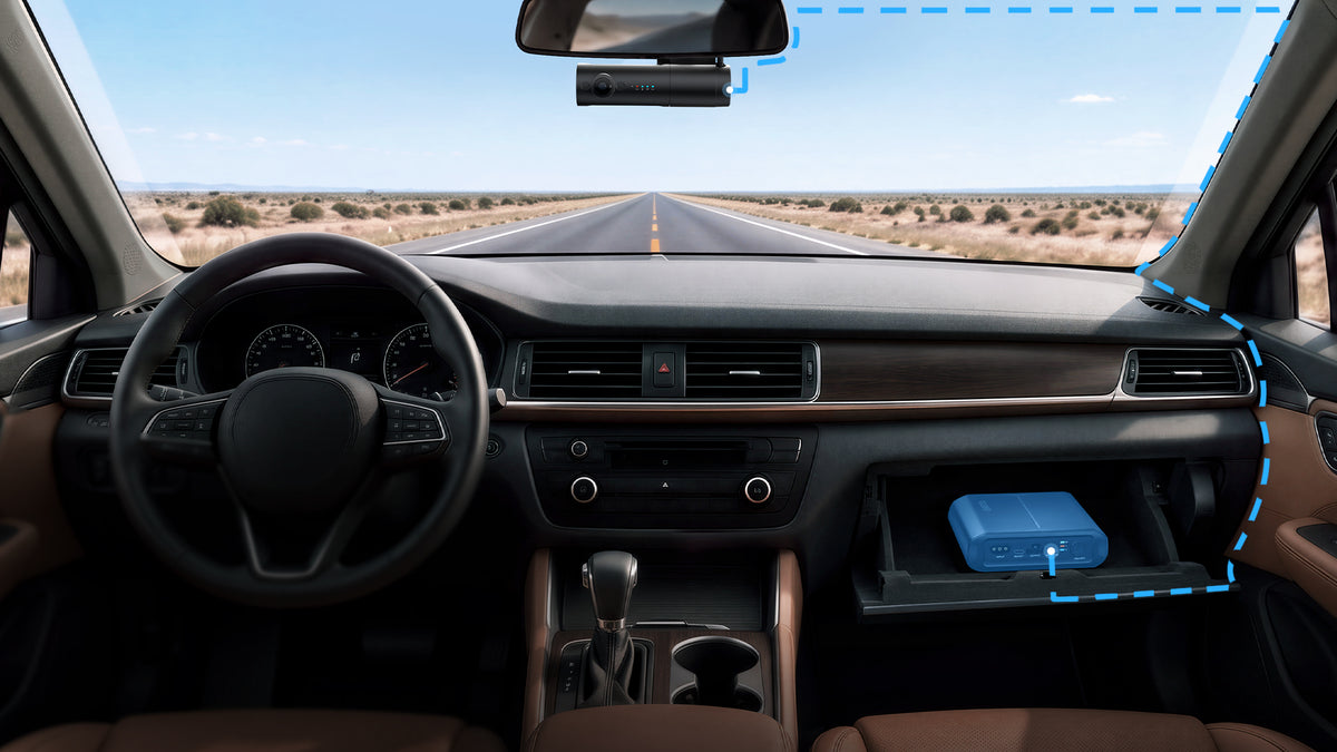 Dash cam at the mirror wired to a BP60 in the glove compartment
