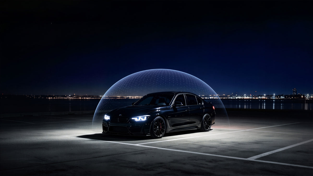 Car parked at night under a protective dome of light