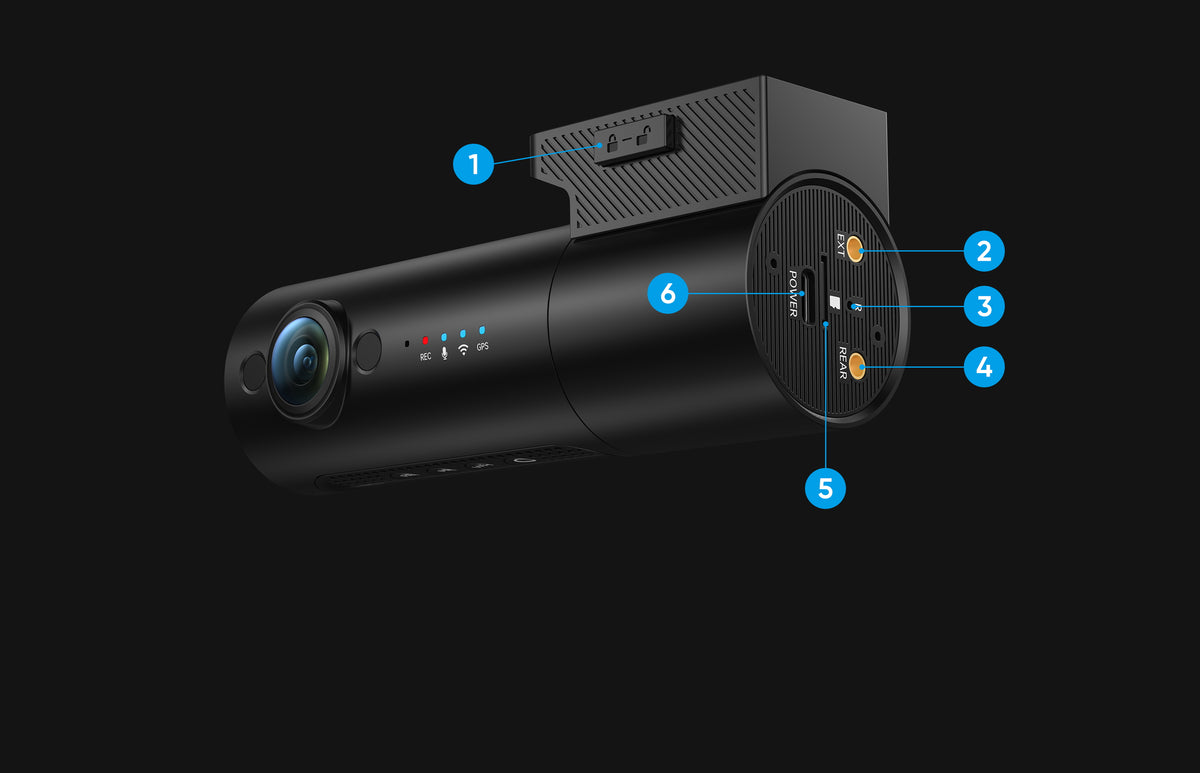 T340W 3CH rear-port layout showing the bracket release, external camera port, memory card slot, waterproof rear camera port, reboot pin-hole, and USB power port.