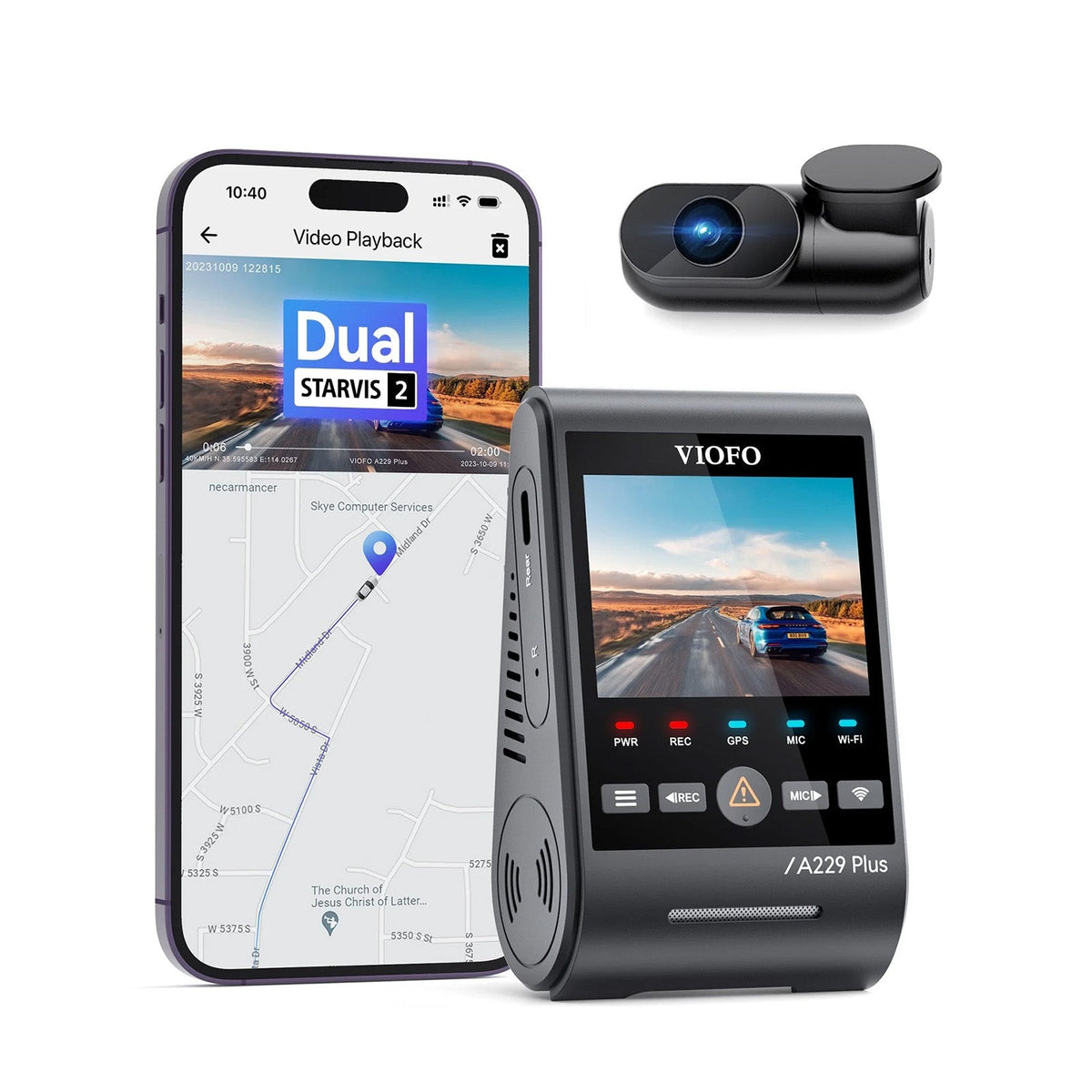 VIOFO A229 Plus 2CH Front and Rear 2K+2K HDR 5GHz Wi - Fi GPS Voice Control Dual Dash Camera with Sony STARVIS 2 Sensor - VIOFO