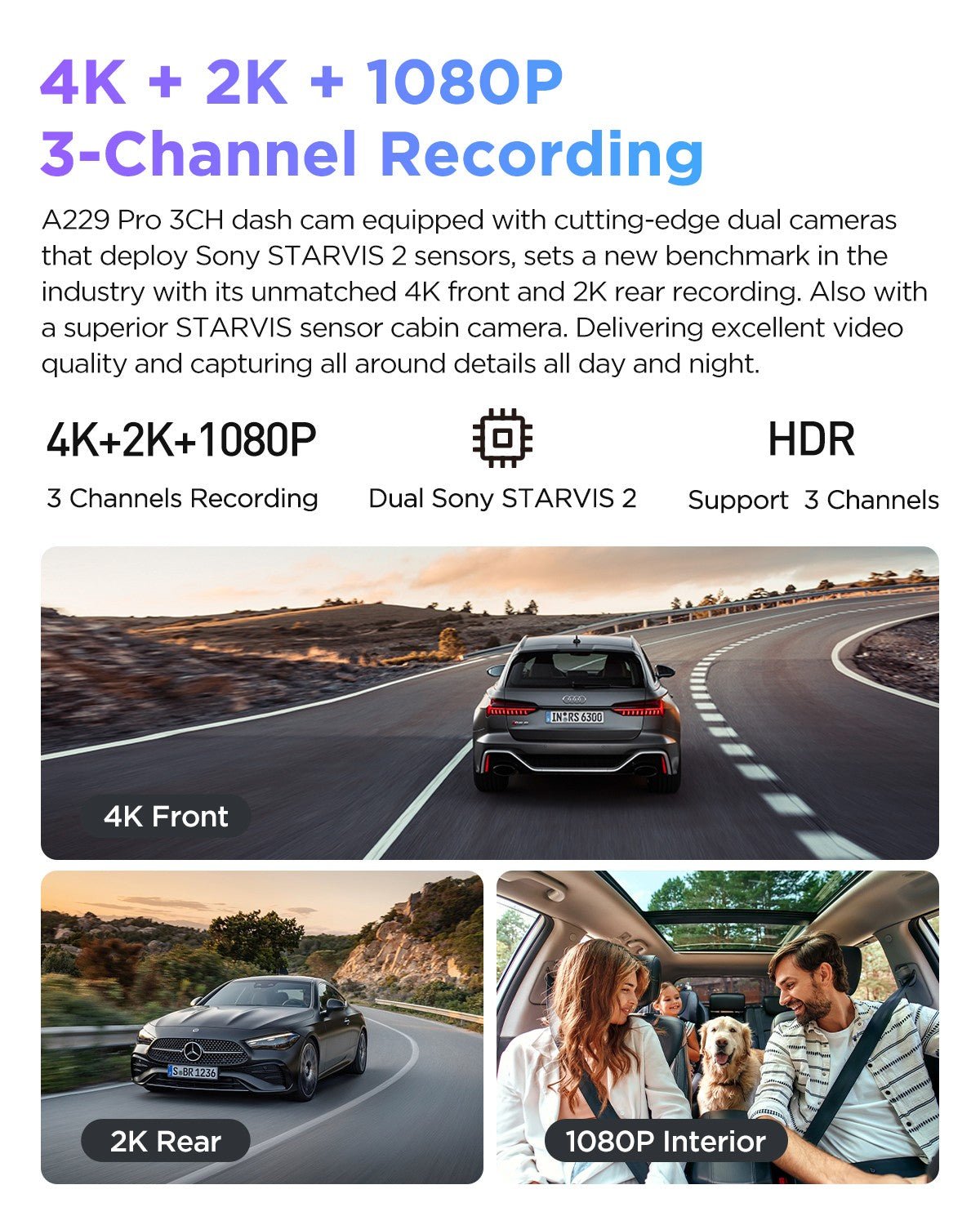 VIOFO A229 Pro 3CH 4K+2K+1080P HDR 3 Channels Car Dash Camera with Sony STARVIS 2 Sensors for Lyft Taxi Ridesharing Drivers - Viofo - official