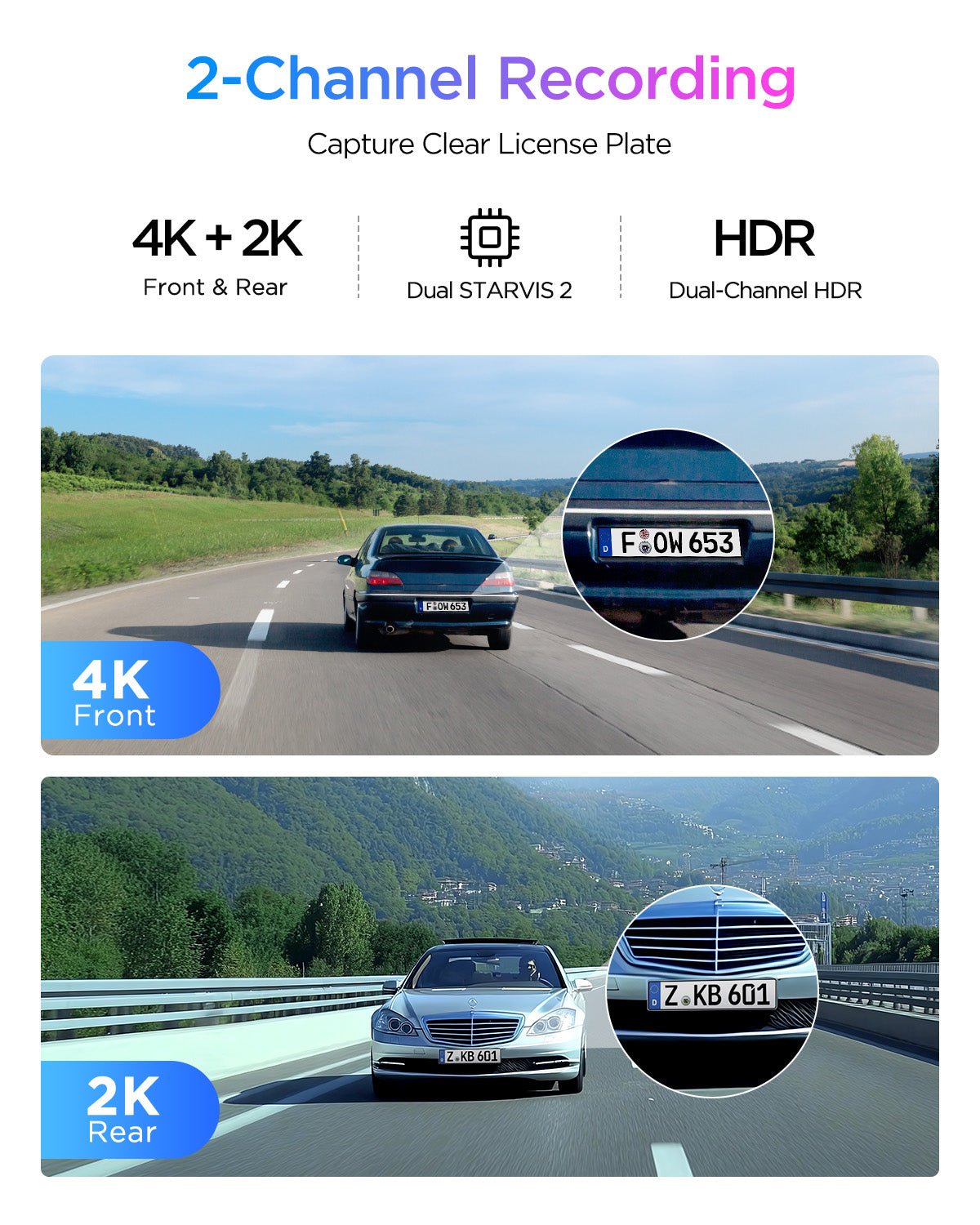 VIOFO A329S 2 Channels 4K + 2K Dash Cam with Sony STARVIS 2 sensors, HDR recording capturing clear front and rear footage, including license plate details