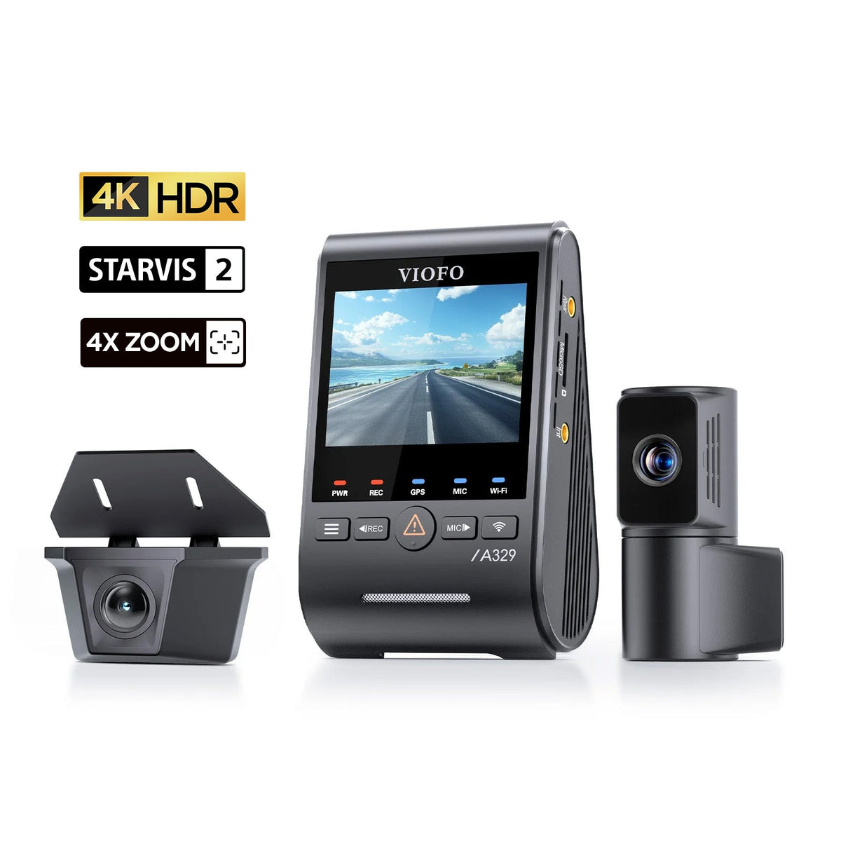 VIOFO A329TW 3CH 4K 30FPS Front+2K Telephoto Camera+2K Waterproof Camera, Sony STARVIS 2 Sensor HDR, Support SSD Storage, Low Power Impact Detection, Hybrid Parking Recording - Viofo - official