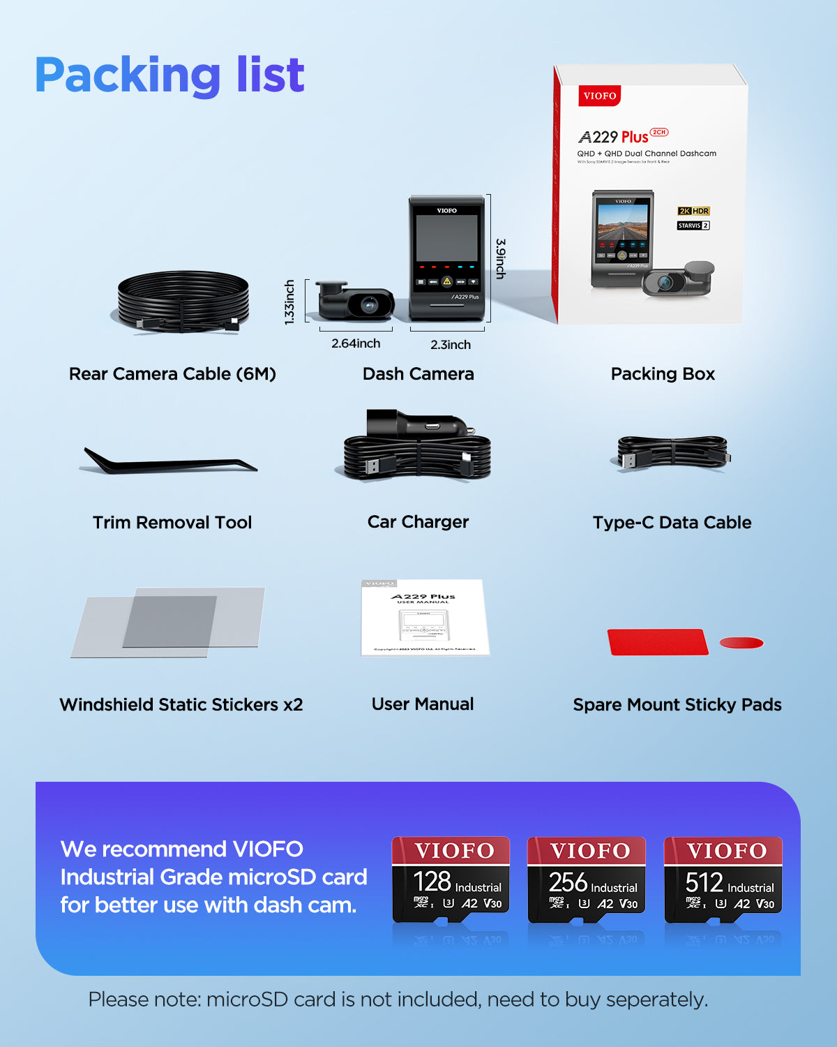 VIOFO A229 Plus 2CH Front and Rear 2K+2K HDR 5GHz Wi-Fi GPS Voice Control Dual Dash Camera with Sony STARVIS 2 Sensor