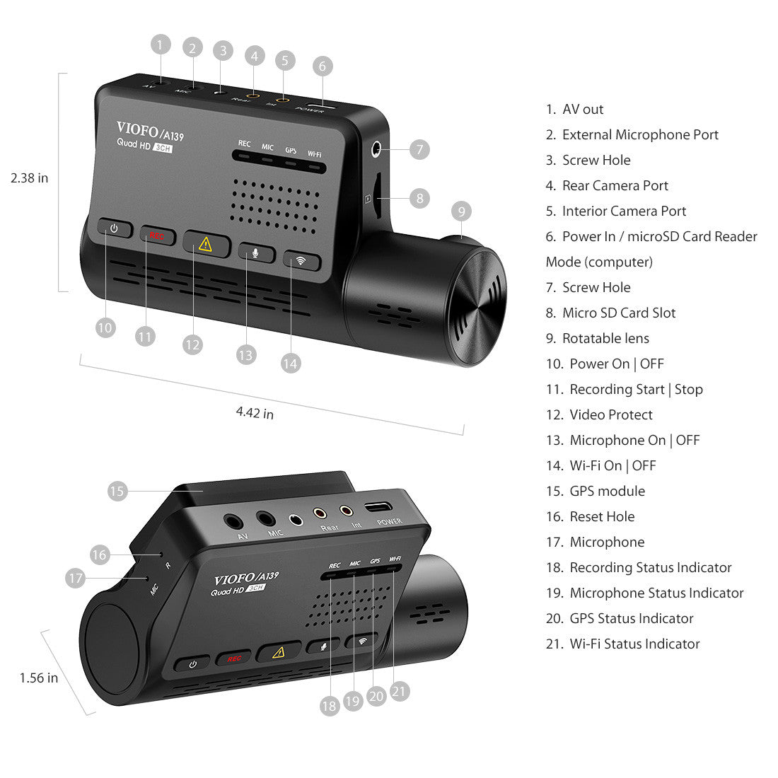 A139 2CH Dual Channel Dash Cam Front 2K 1440P + Rear 1080P 5GHz Wi-Fi GPS Dash Camera