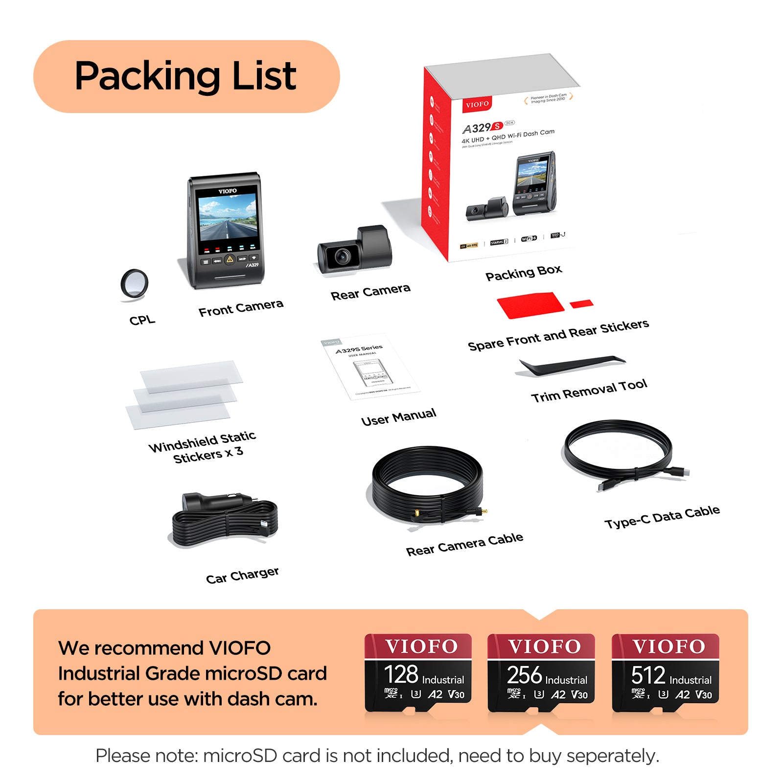 VIOFO A329S 2CH 4K 60FPS+2K HDR Dash Cam with Sony STARVIS 2 Sensor, Built-in Wi-Fi 6 and GPS, Support SSD Storage, Low Power Impact Detection, Hybrid Parking Recording