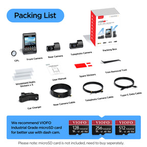 VIOFO A329T 3CH 4K Front+2K Telephoto Camera+2K Rear Camera, Sony STARVIS 2 Sensor HDR, Support SSD Storage, Multiplex Video, Low Power Impact Detection, Hybrid Parking Recording