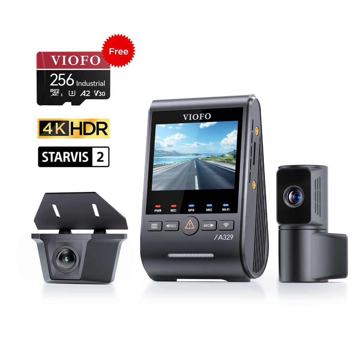 VIOFO A329TW 3CH 4K Front+2K Telephoto Camera+2K Waterproof Camera, Sony STARVIS 2 Sensor HDR, Support SSD Storage, Low Power Impact Detection, Hybrid Parking Recording