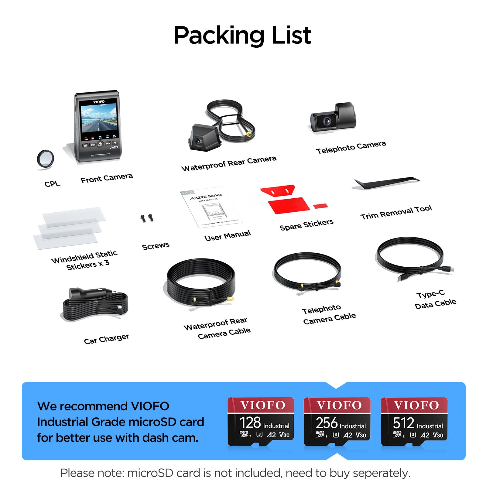 VIOFO A329TW 3CH 4K Front+2K Telephoto Camera+2K Waterproof Camera, Sony STARVIS 2 Sensor HDR, Support SSD Storage, Low Power Impact Detection, Hybrid Parking Recording