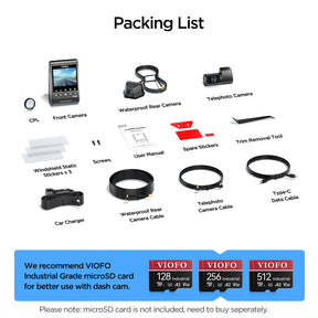 VIOFO A329TW 3CH 4K Front+2K Telephoto Camera+2K Waterproof Camera, Sony STARVIS 2 Sensor HDR, Support SSD Storage, Low Power Impact Detection, Hybrid Parking Recording
