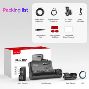 A139 3CH 3 Channel Dash Cam Front 2K 1440P + Interior 1080P + Rear 1080P 5GHz Wi - Fi GPS Dash Camera - Viofo - official