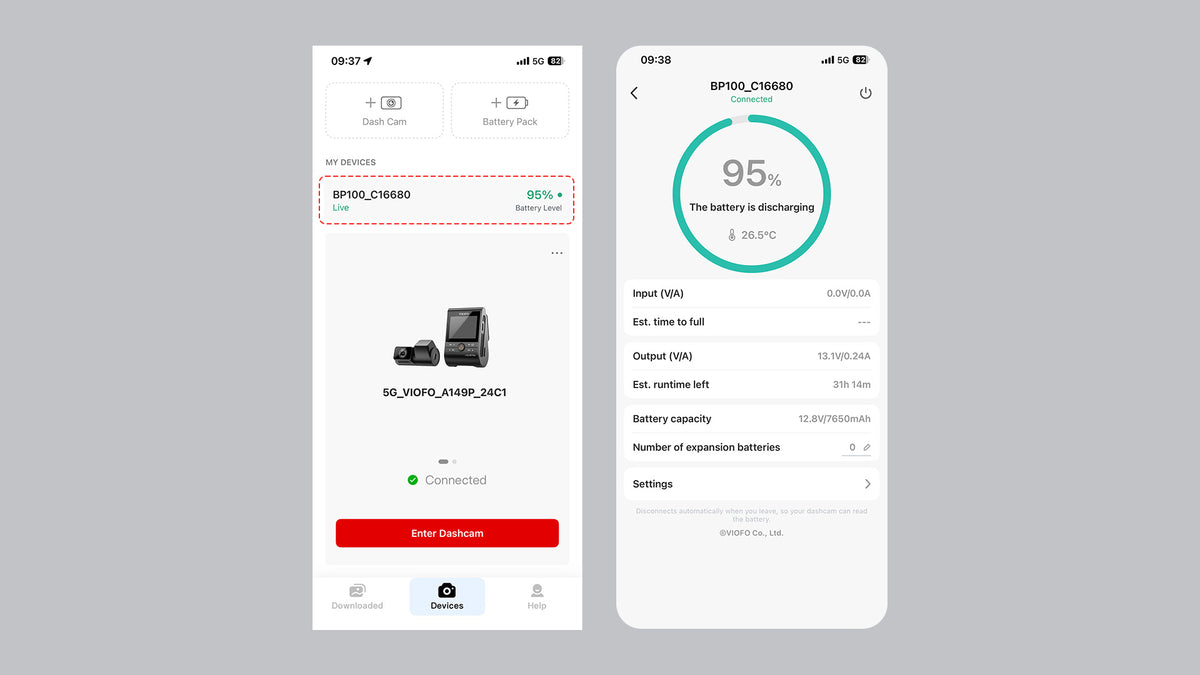 Battery Level in the VIOFO Dashcam App
