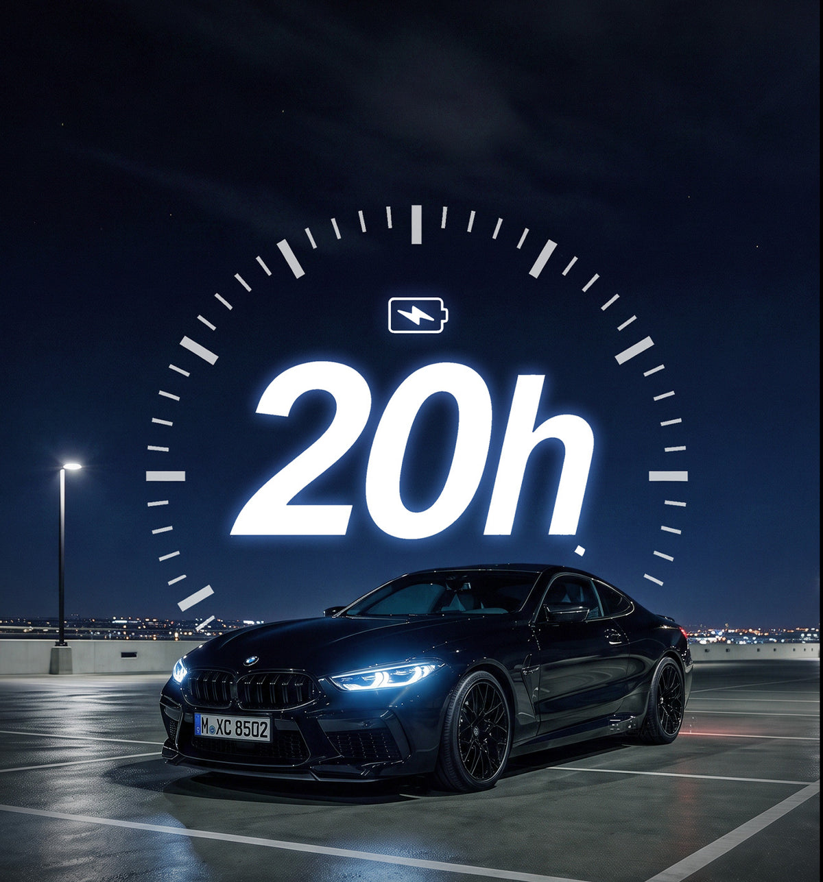 Clock dial reading 20 hours over a car parked at night