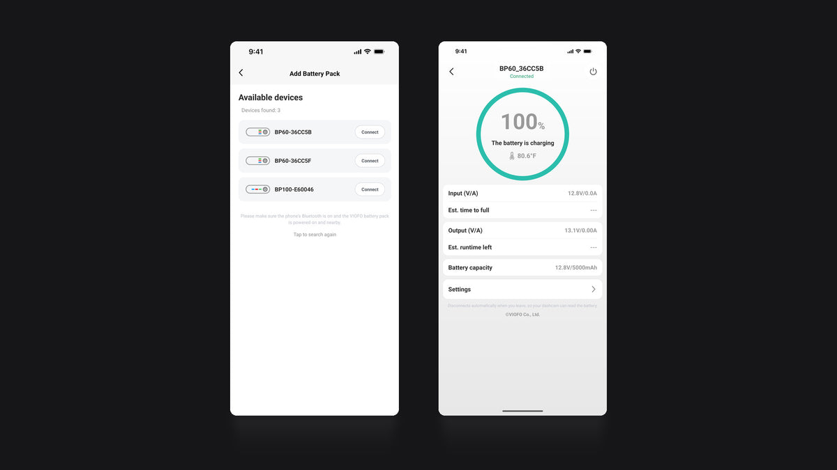 VIOFO app screens: the battery pack list and the BP60 detail page