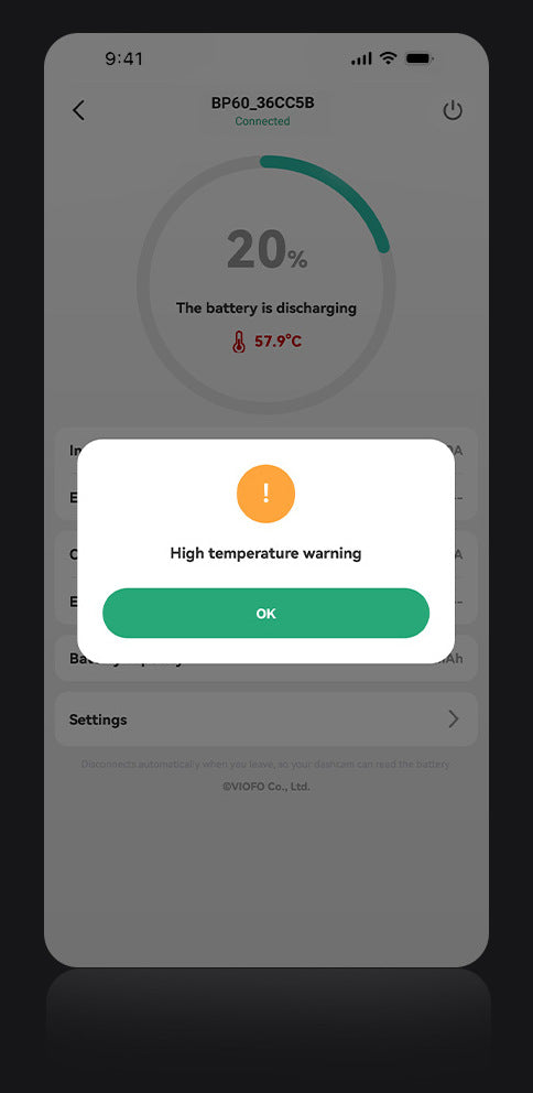 VIOFO app showing a high temperature warning for the BP60