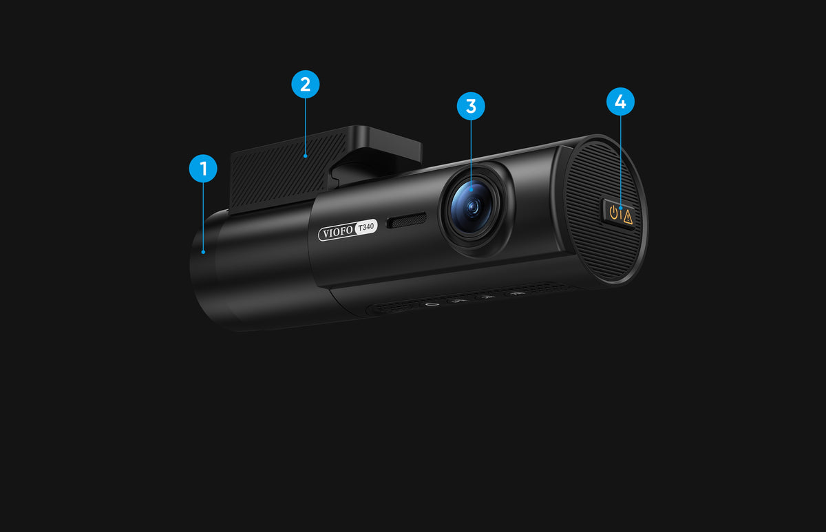 T340W 3CH front-camera layout showing the tamper-resistant cover, mounting bracket, front camera lens, and power or video-protect control.