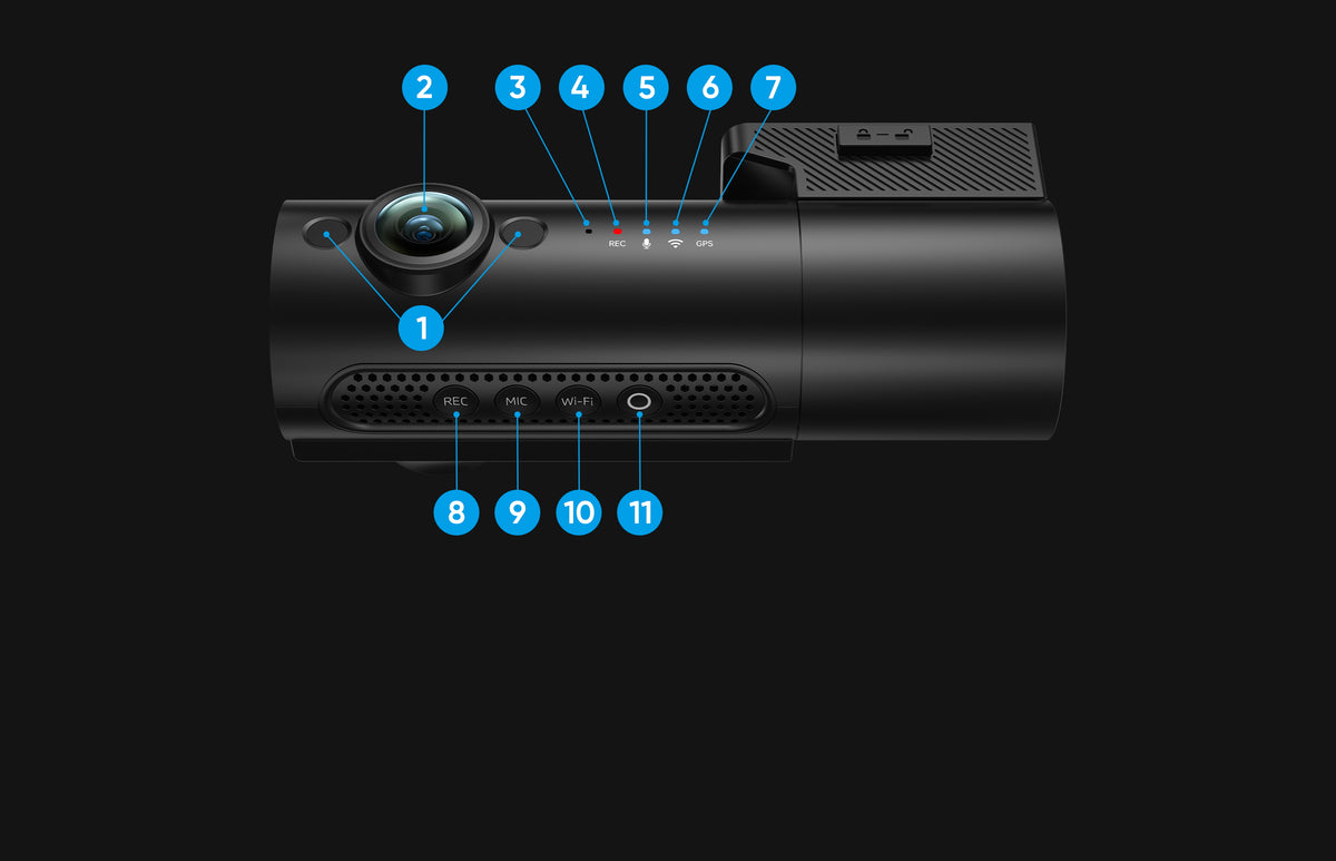 T340W 3CH cabin-camera layout showing the infrared LEDs, cabin lens, microphone, recording and status indicators, recording, microphone, Wi-Fi, and custom controls.