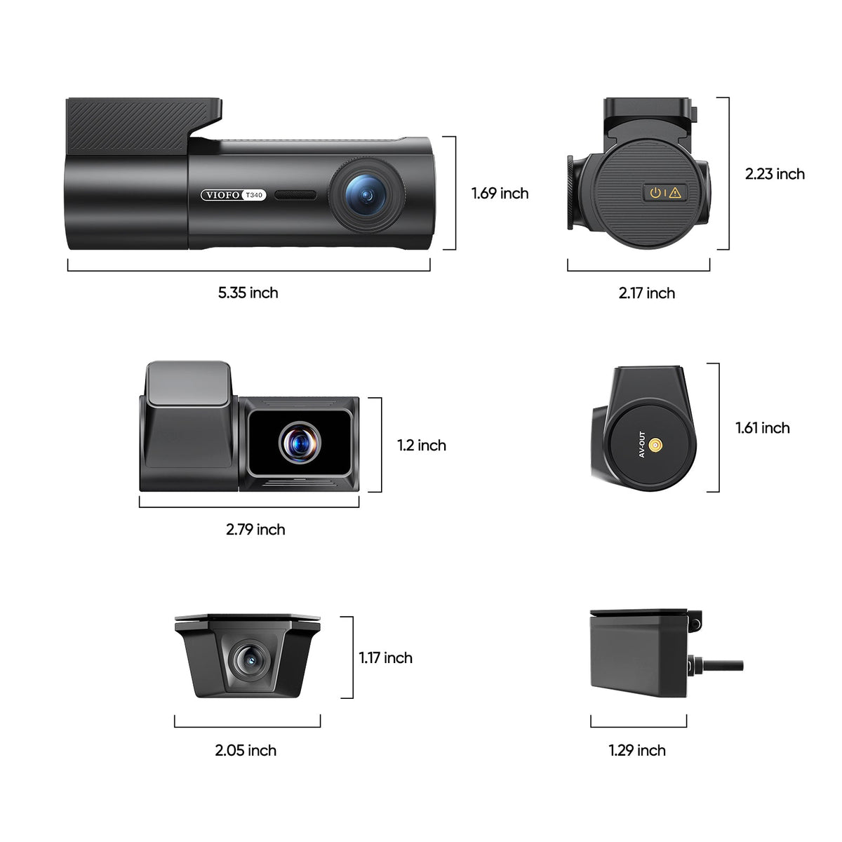 VIOFO T340TW 4CH dimension diagram with measurements for each camera