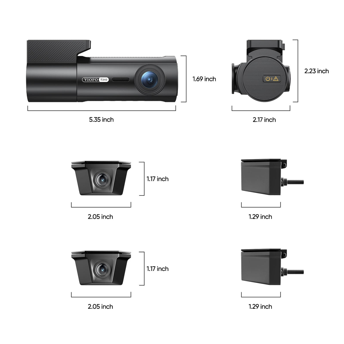 VIOFO T340WW 4CH dimension diagram with measurements for each camera