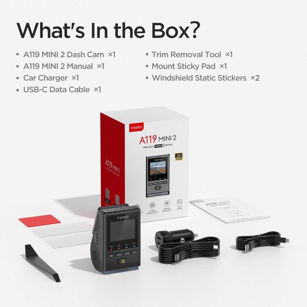 VIOFO A119 MINI 2 package contents showing dash cam, mount, power cable and accessories