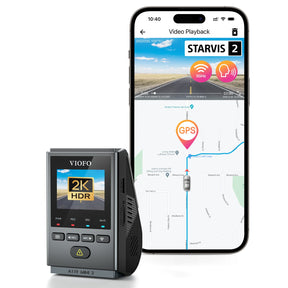 Illustration showing VIOFO A119 MINI 2 dash camera with smartphone app playback, highlighting 2K HDR recording, Sony STARVIS 2 sensor, 5GHz Wi-Fi and GPS tracking