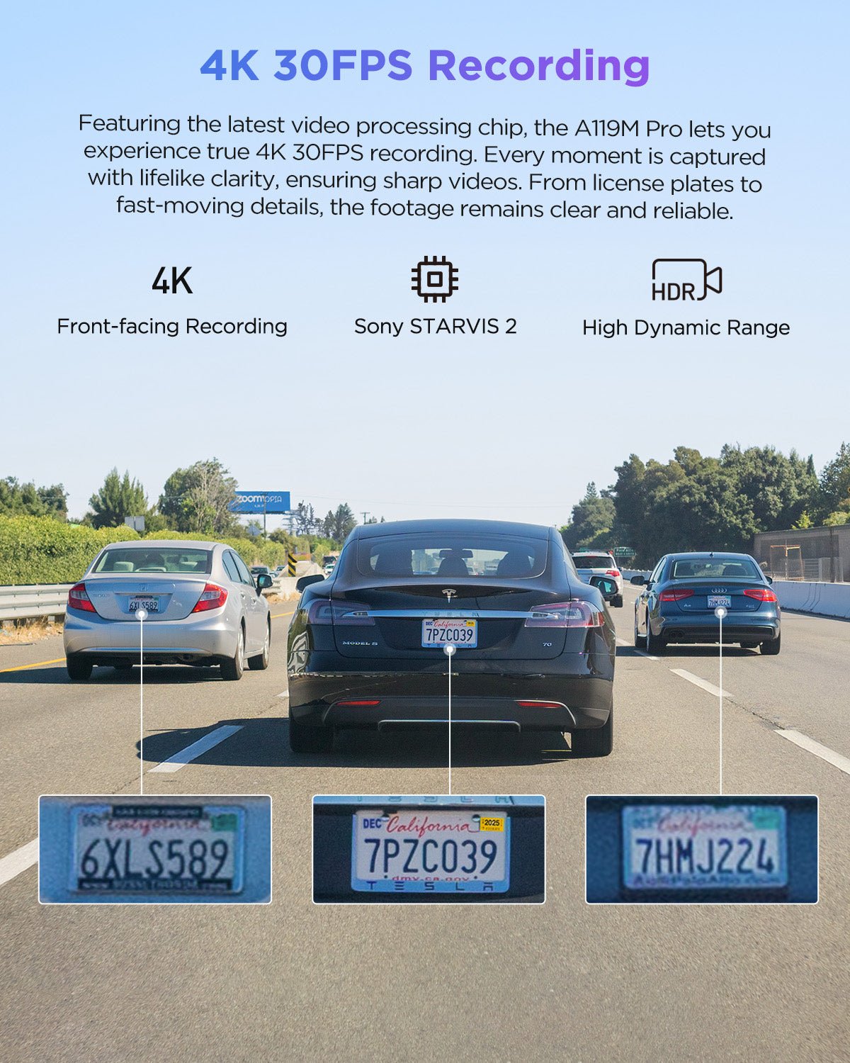 VIOFO A119M Pro dash cam capturing 4K 30fps HDR footage with enhanced contrast and clarity