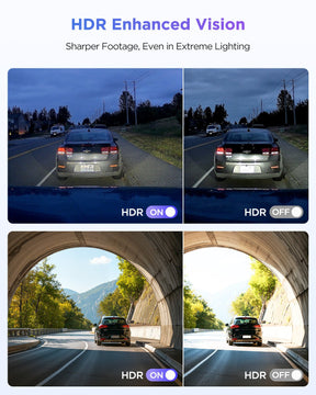 Comparison showing HDR on and off footage captured by VIOFO A119M Pro dash camera, showing sharper footage in low light
