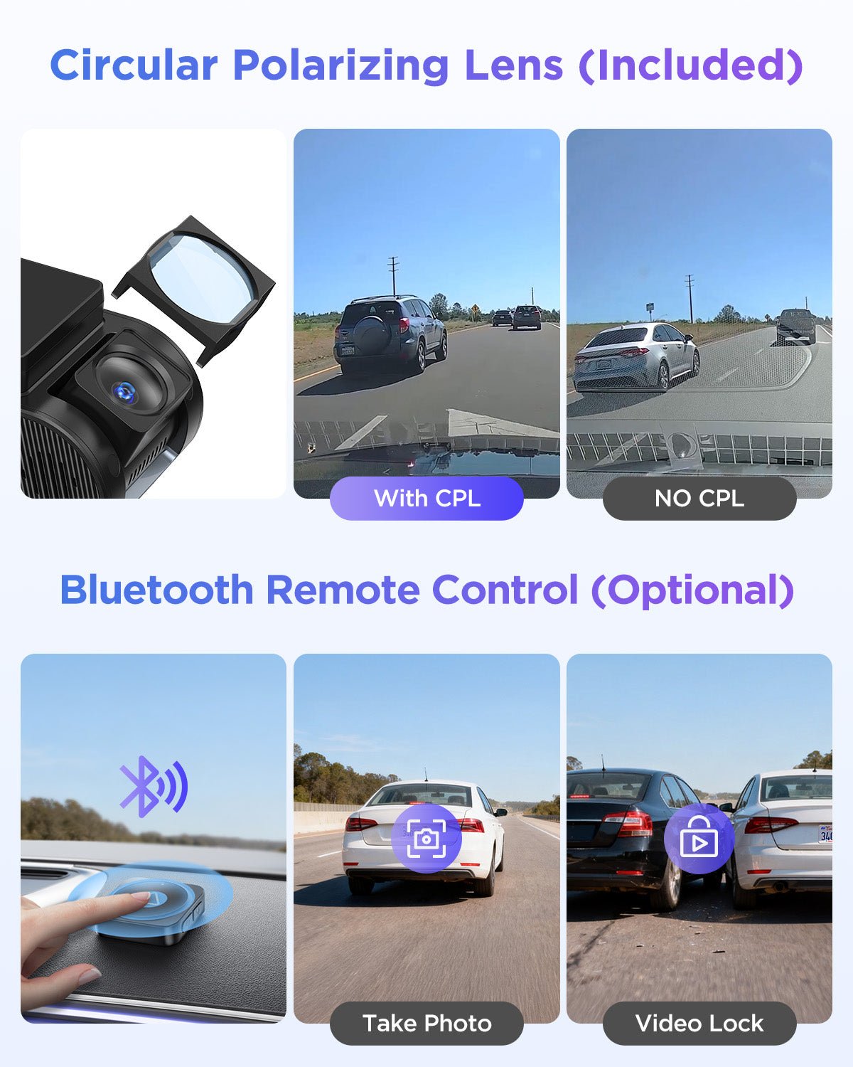 Illustration of VIOFO A119M Pro dash camera with CPL filter and footage comparison, plus Bluetooth remote control features
