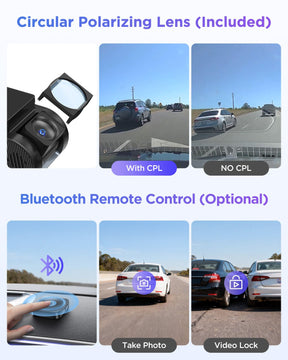 Illustration of VIOFO A119M Pro dash camera with CPL filter and footage comparison, plus Bluetooth remote control features
