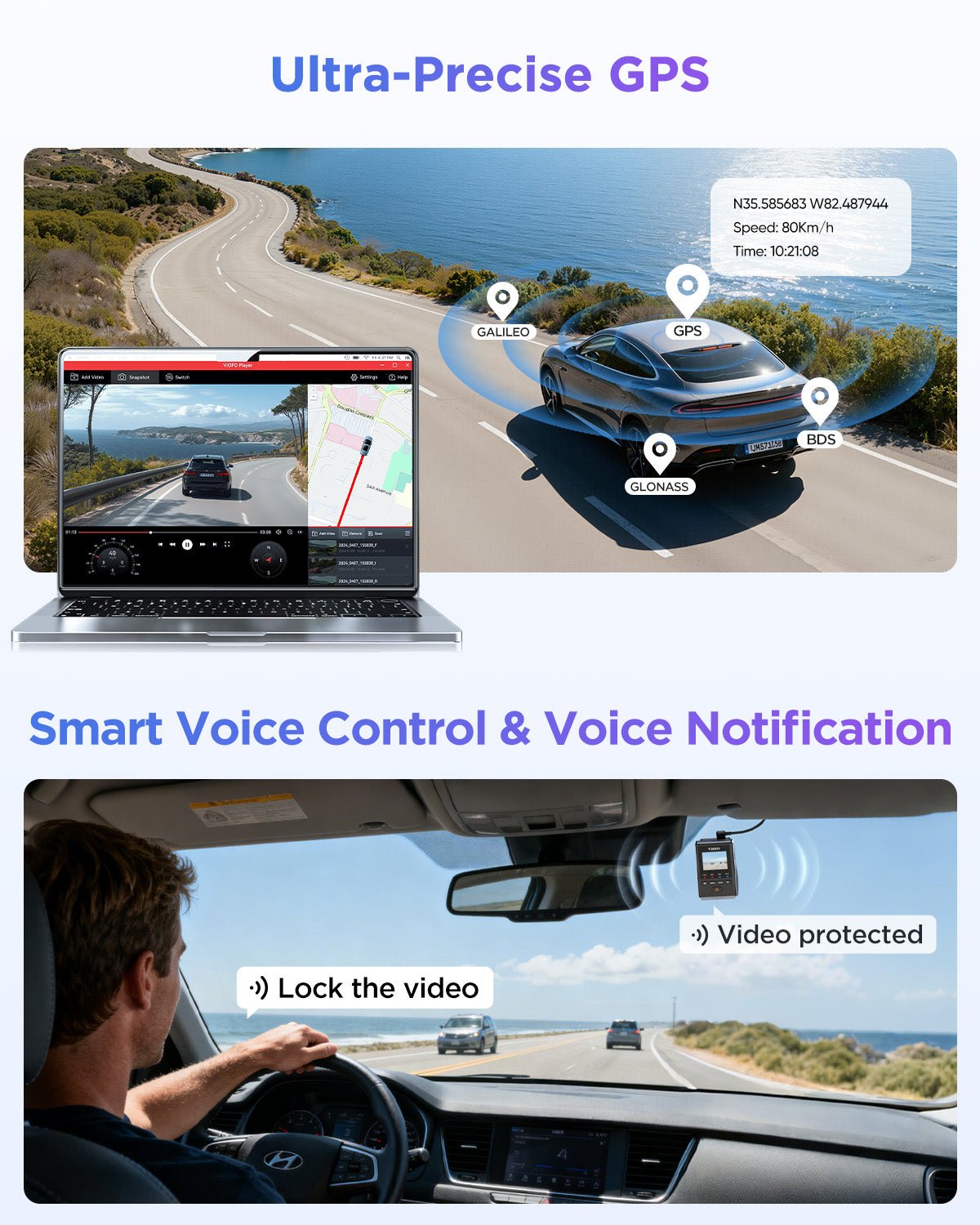 VIOFO A119M Pro dash camera including Smart Voice Control and Voice Notification for timely commands and built-in GPS for recording time, speed and route data on videos