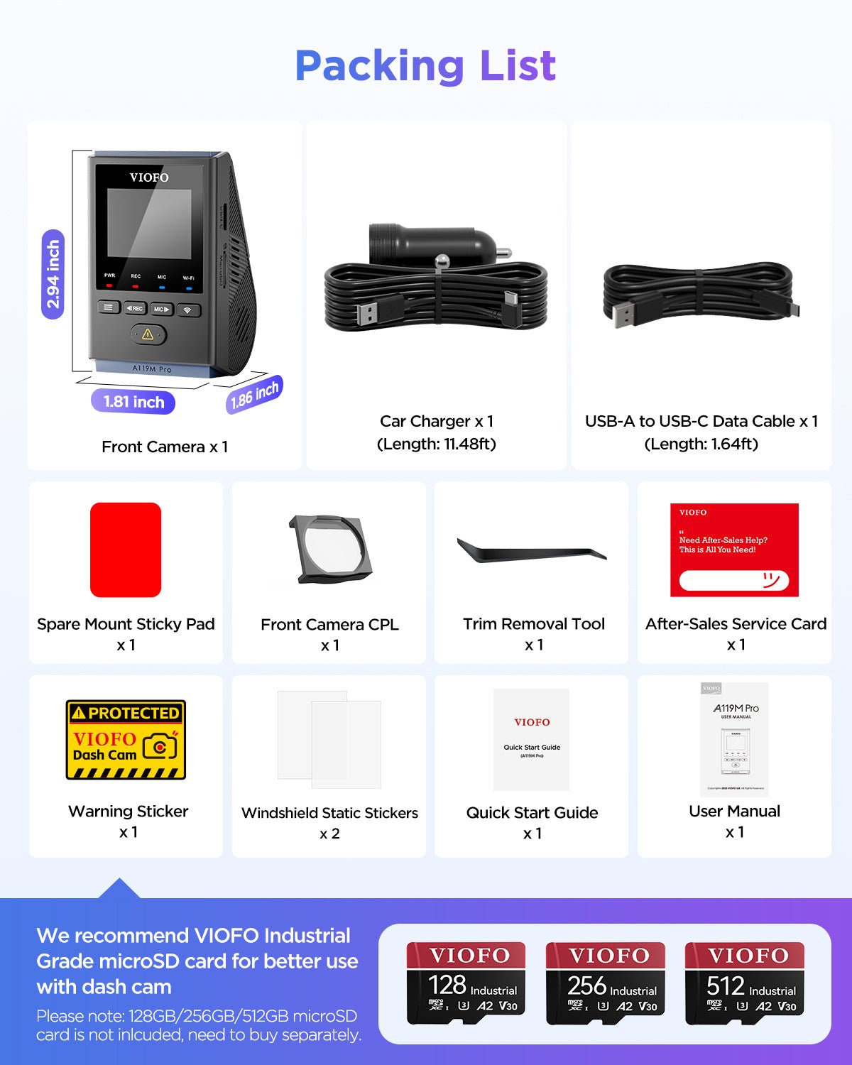 VIOFO A119M Pro package contents showing dash cam, mount, power cable, CPL and accessories