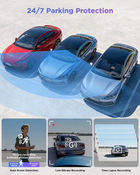 VIOFO A119M Pro parking mode features including Auto Event Detection, Low Bitrate Recording and Time Lapse Recording