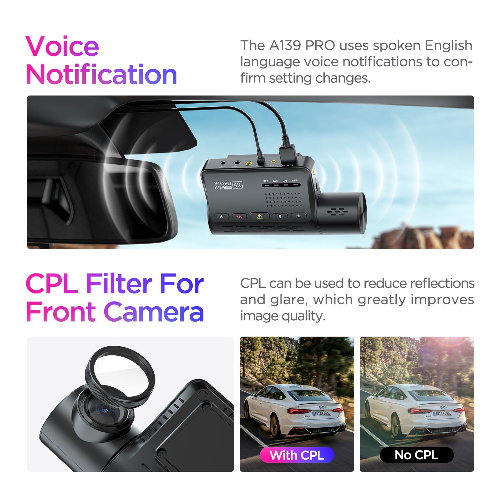 VIOFO A139 PRO 2CH First 4K HDR Front and Rear Dashcam with the Newest Sony STARVIS 2 IMX678 Sensor - Viofo - official