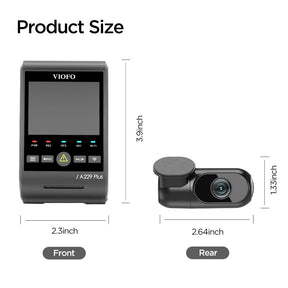 VIOFO A229 Plus 2CH Front and Rear cameras size