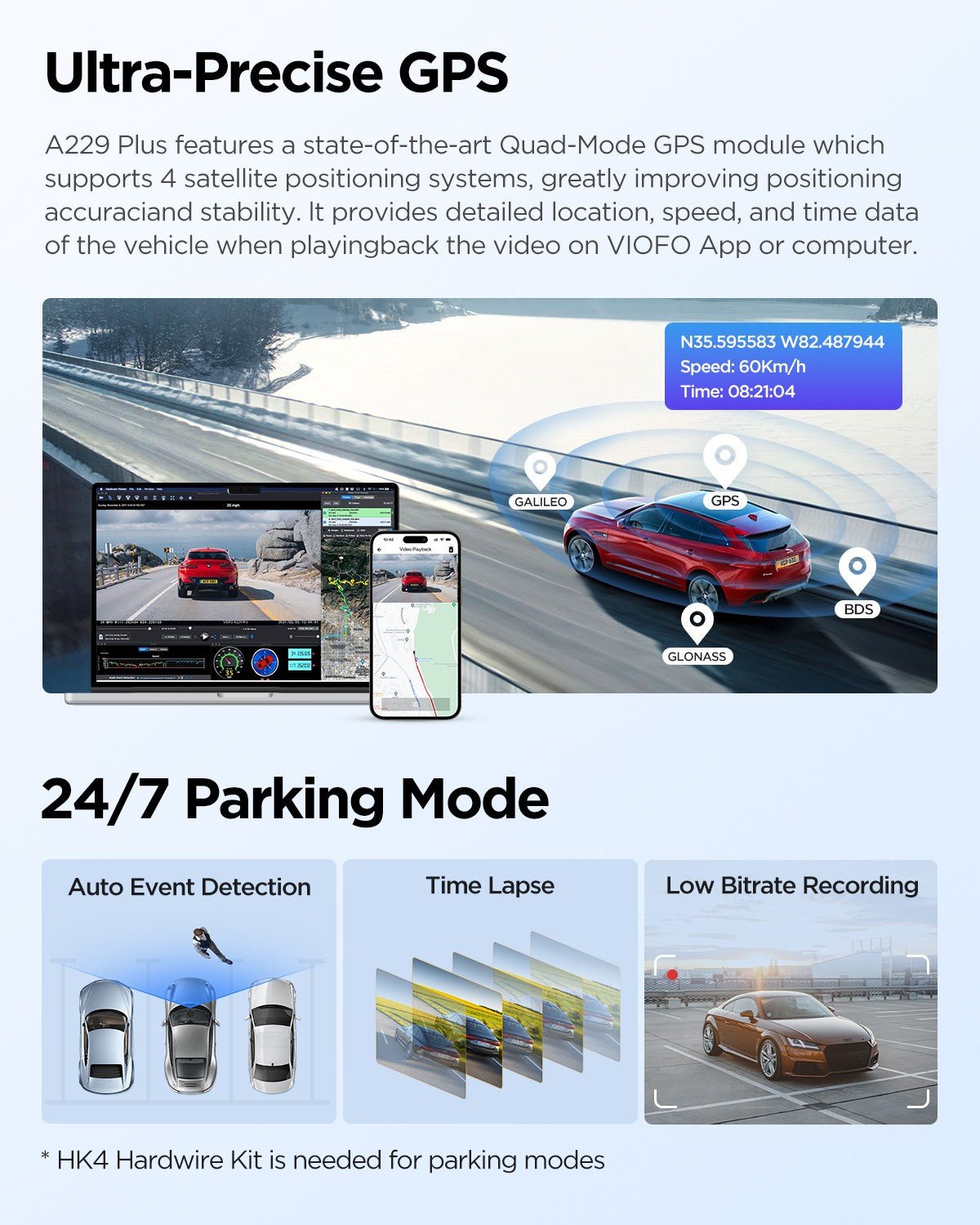 VIOFO A229 Plus 2-Channel Dash Camera parking mode features including Auto Event Detection, Low Bitrate Recording and Time Lapse Recording, built-in GPS for recording time, speed and route data on videos