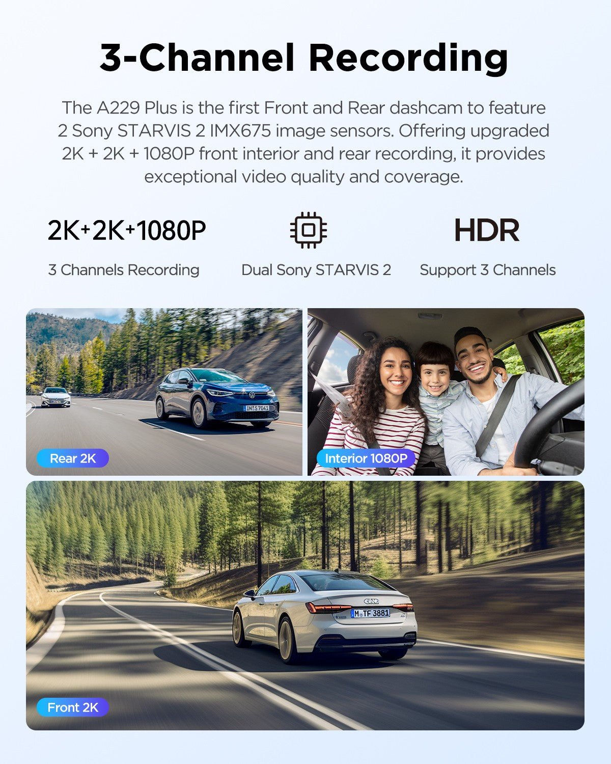 VIOFO A229 Plus 3CH 2K+2K+1080P HDR 5GHz Wi - Fi GPS Voice Control 3 Channel Dash Camera with Dual Sony STARVIS 2 Sensor - Viofo - official