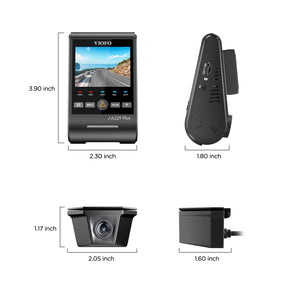 VIOFO A229 Plus Waterproof 2-Channel dash cam dimensions diagram showing front and side views with detailed size measurements