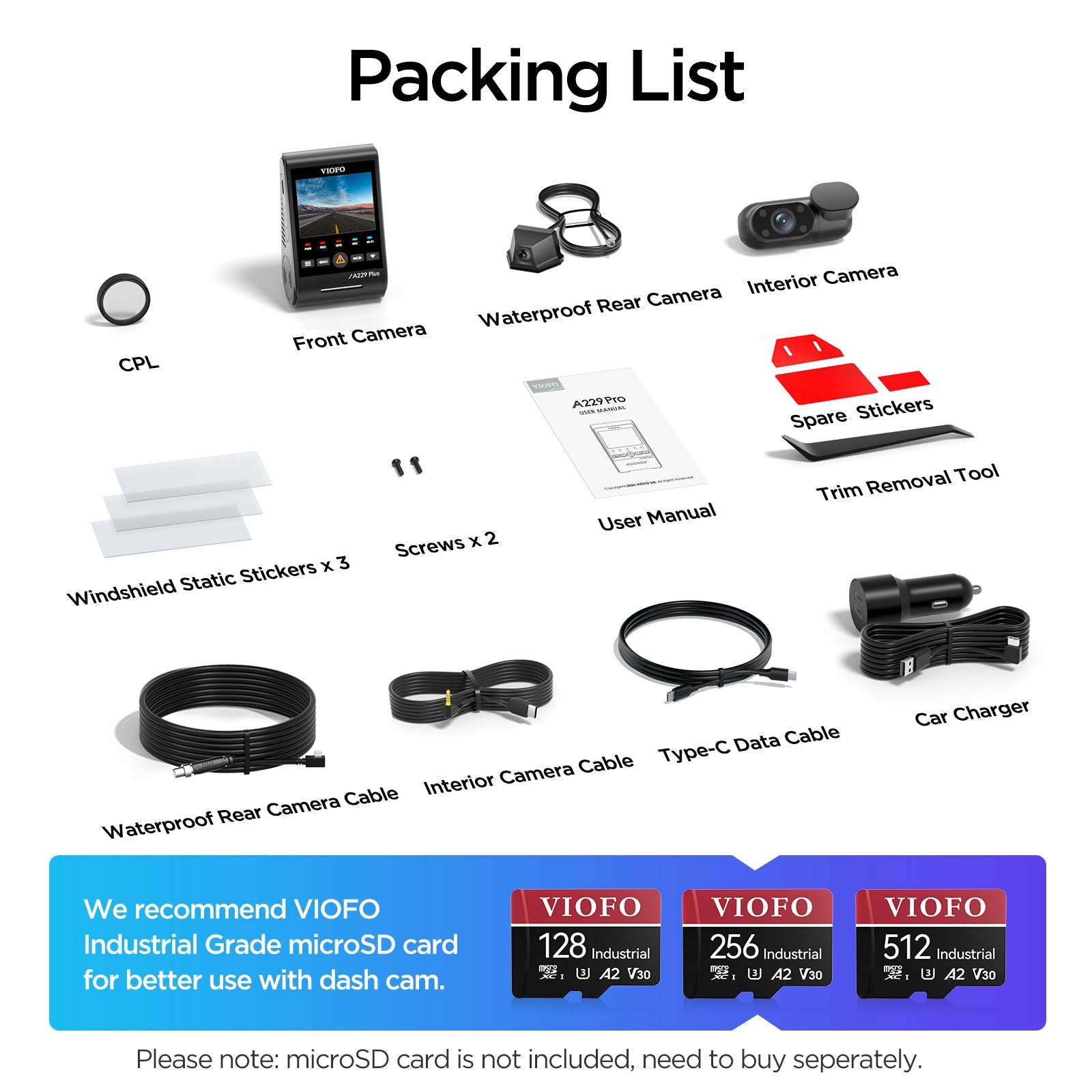 VIOFO A229 Plus - W 3CH 2K Front+2K Waterproof Rear+1080P Infrared Cabin Camera with Sony STARVIS Sensor, 3 - Channel HDR to Capture Both Inside and Outside - Viofo - official