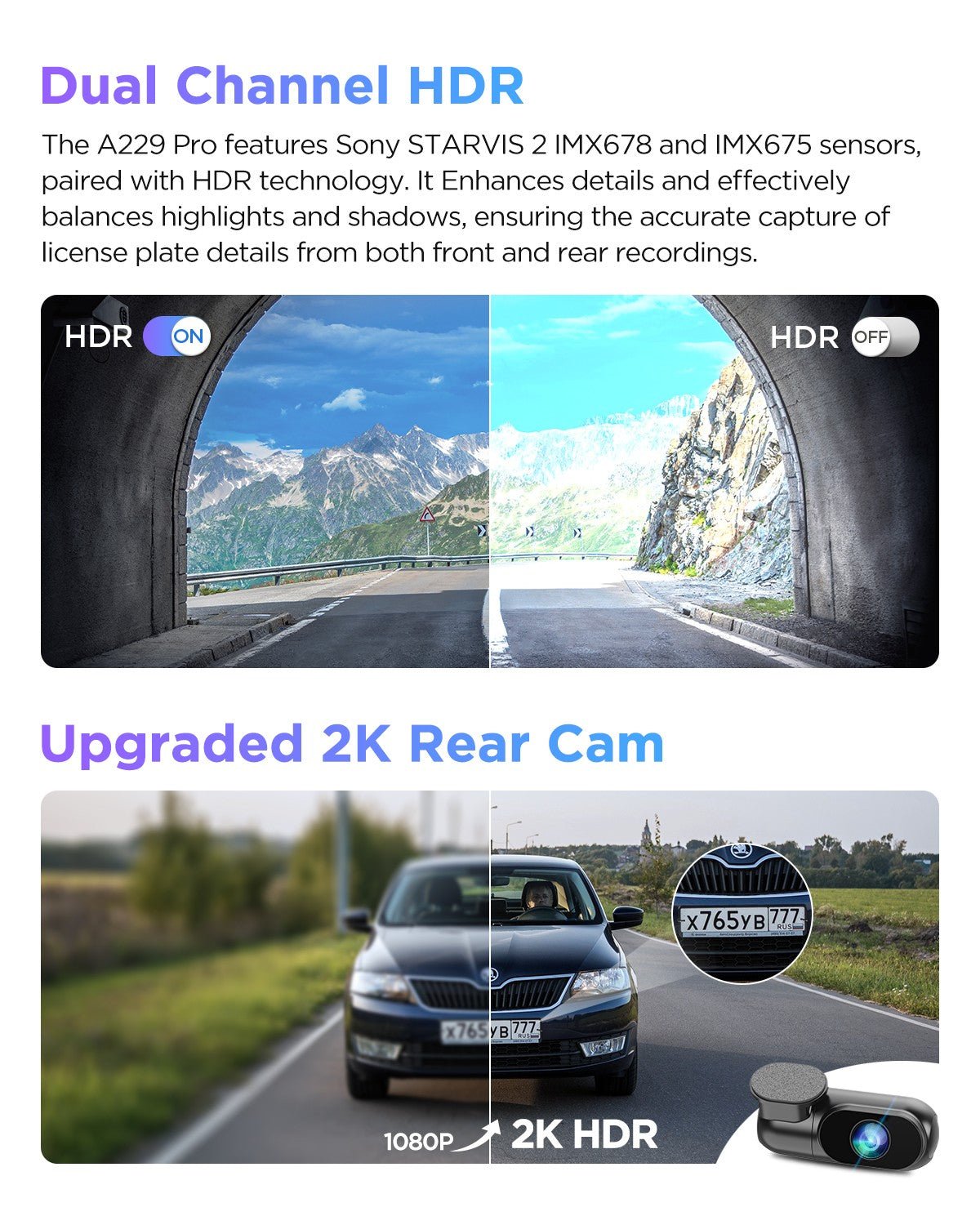 VIOFO A229 Pro 2CH Front and Rear 4K+2K HDR Dual Dash Cam with Sony STARVIS 2 Sensors Super Night Vision Voice Control - Viofo - official
