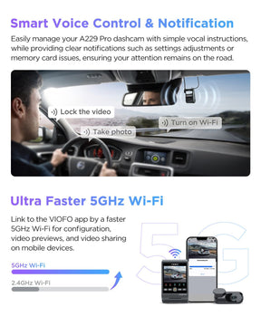 VIOFO A229 Pro 2CH Front and Rear 4K+2K HDR Dual Dash Cam with Sony STARVIS 2 Sensors Super Night Vision Voice Control - Viofo - official