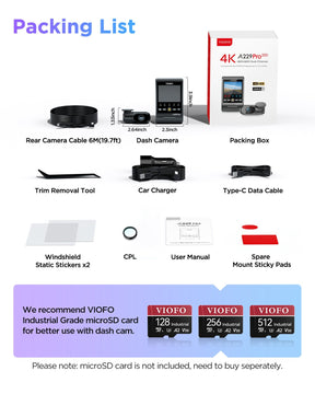VIOFO A229 Pro 2CH Front and Rear 4K+2K HDR Dual Dash Cam with Sony STARVIS 2 Sensors Super Night Vision Voice Control - Viofo - official