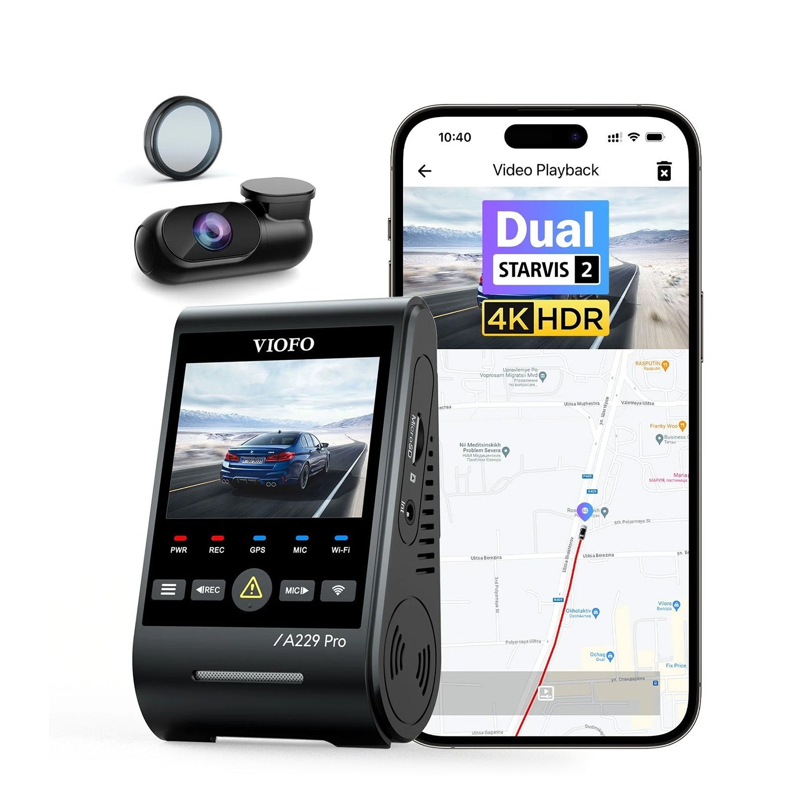 VIOFO A229 Pro 2CH Front and Rear 4K+2K HDR Dual Dash Cam with Sony STARVIS 2 Sensors Super Night Vision Voice Control - VIOFO