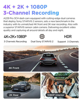 VIOFO A229 Pro 3CH 4K+2K+1080P HDR 3 Channels Car Dash Camera with Sony STARVIS 2 Sensors for Lyft Taxi Ridesharing Drivers - Viofo - official