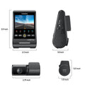 VIOFO A229 Pro Tele 2 Channels dash cam dimensions diagram showing front and side views with detailed size measurements