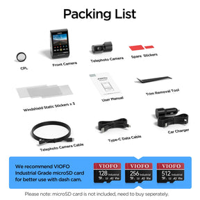 Packing List of VIOFO A229 Pro Tele 2 Channels