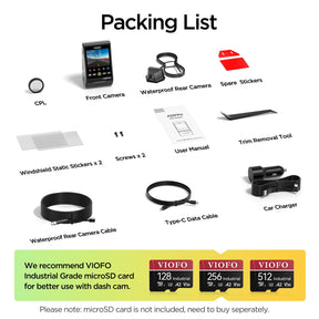 Packing List of VIOFO A229 Pro Waterproof 2 Channels