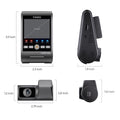 VIOFO A229 Ultra 2 Channels dash cam dimensions diagram showing front, side views with detailed size measurements